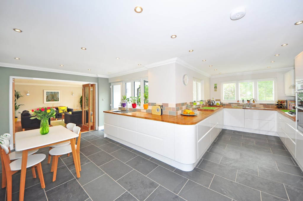 A brown and white wooden kitchen island