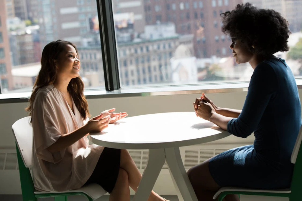 Two people having a conversation together