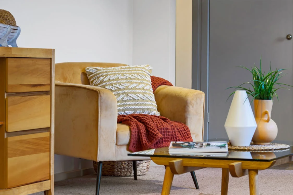 A chair and coffee table inside a house