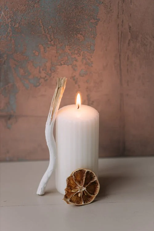 A candle next to a stick and dried citrus